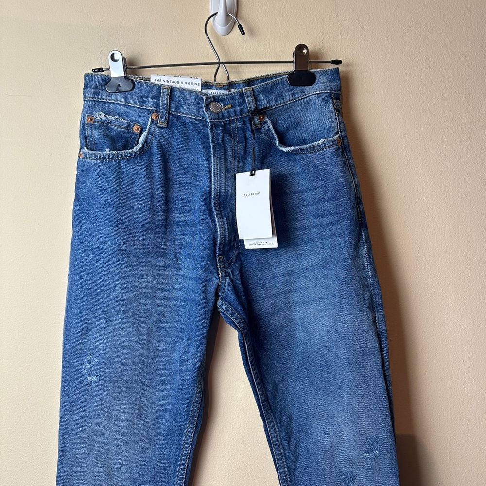 ZARA NWT VINTAGE HIGH RISE STRAIGHT JEANS FUR CUFF HEM ANKLE CROP WOMENS SIZE 2 - Picture 4 of 16